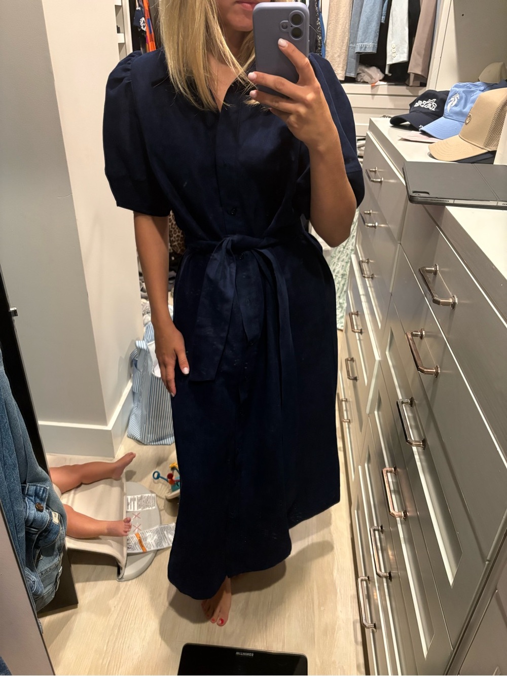 crown & ivy Navy Button-Front Tie-Waist Midi Dress
